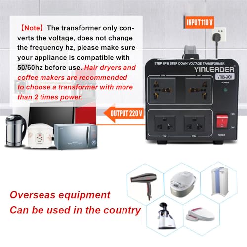 Yinleader 2000W Voltage Converter Transformer(110V to 220V OR 220V to 110V) 2000 Watt Step Up/Down Converter 110/120 Volt - 220/240 Volt w/US Power Cord,Circuit Breaker Protection (VTUS-2000)2