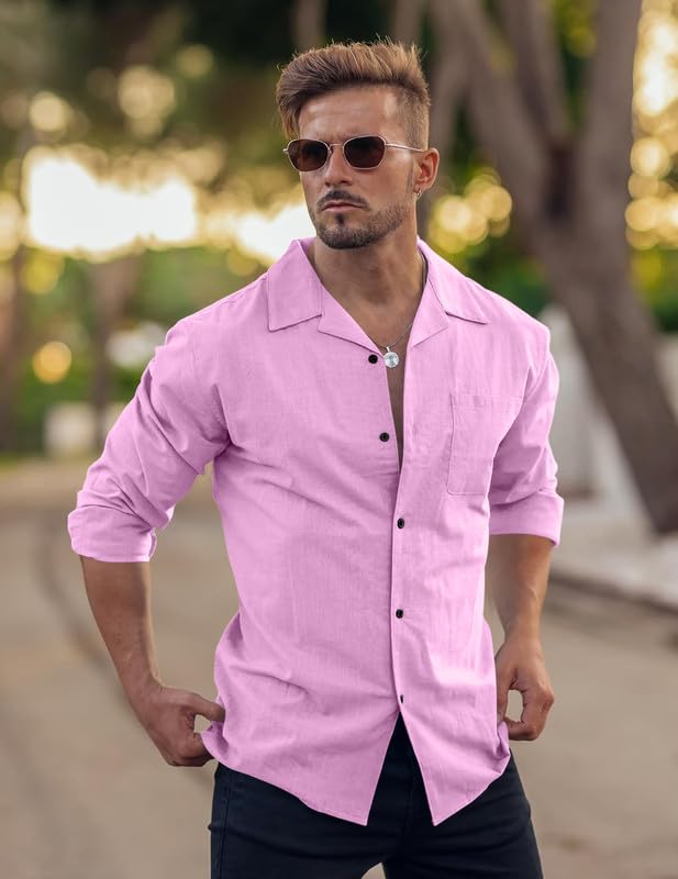 Image of Combo of Men's Casual Cotton Blend Shirt || Long Sleeve Button Down with Spread Collar | Lightweight Breathable Fabric | Stylish Solid Shirt for Beach, Office & Everyday Wear Pack of 2