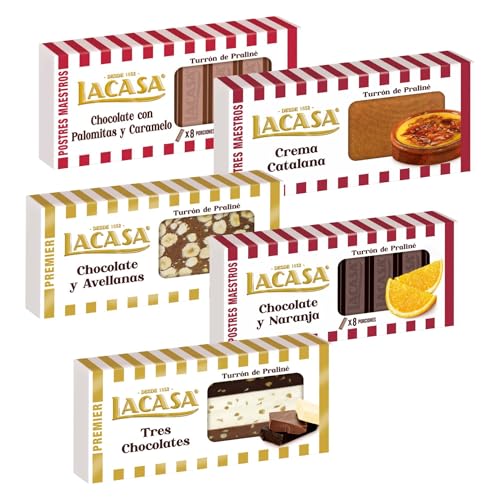 Surtido Turrones Lacasa: 5 tabletas de turrón variadas: Duro, Chocolate blanco con tequi mango, Chocolate y trufa, Nata y fresa y Tres chocolates