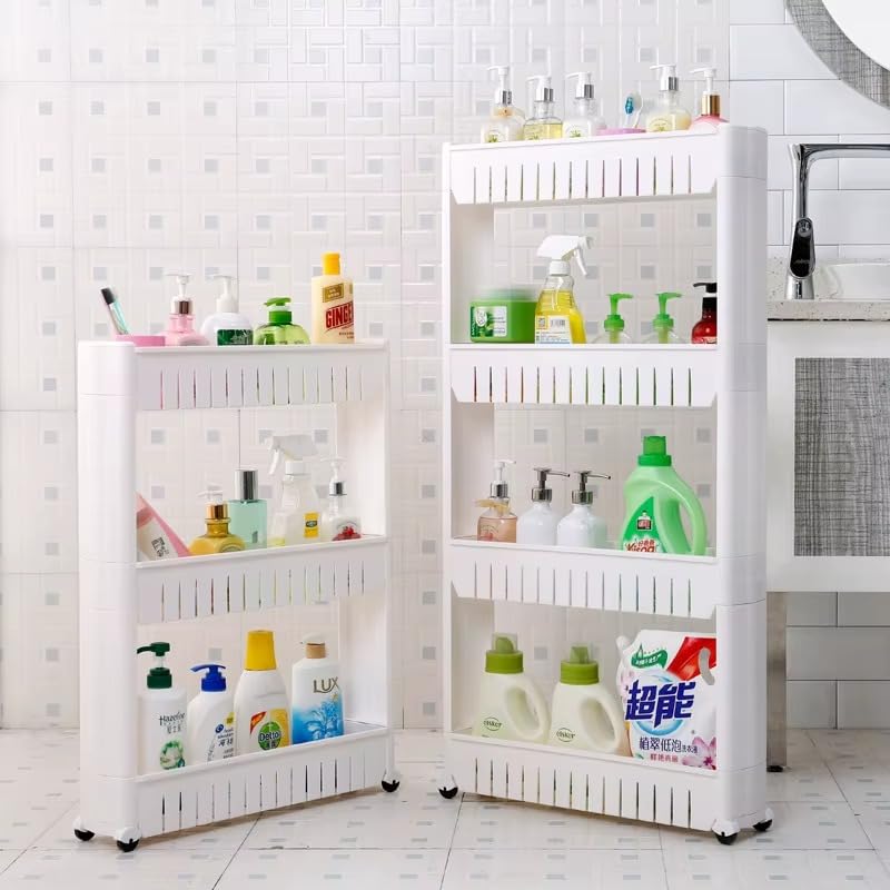 Image of JD FRESH 2-Tier Slim Rolling Storage Organizer Rack /Fridge Side Storage Rack /Plastic Trolley Storage Stand with Wheels /Floor Standing Cabinet for Bathroom and Kitchen Corner Area (White)