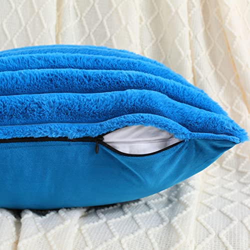 FUTEI Royal Blue Striped Decorative Throw Pillow Covers 24x24 Inch Set of 2,Square Fall Decorations Couch Euro Pillow Case,Soft Cozy Faux Rabbit Fur & Velvet Back,Modern Home Decor for Bed