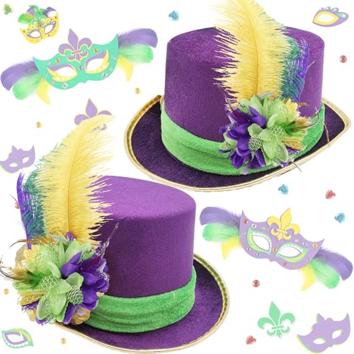 Bdecoll 2 paquetes de sombreros de disfraz de Mardi Gras con plumas moradas y verdes, sombrero veneciano de Mardi Gras para fiestas de disfraces, carnaval