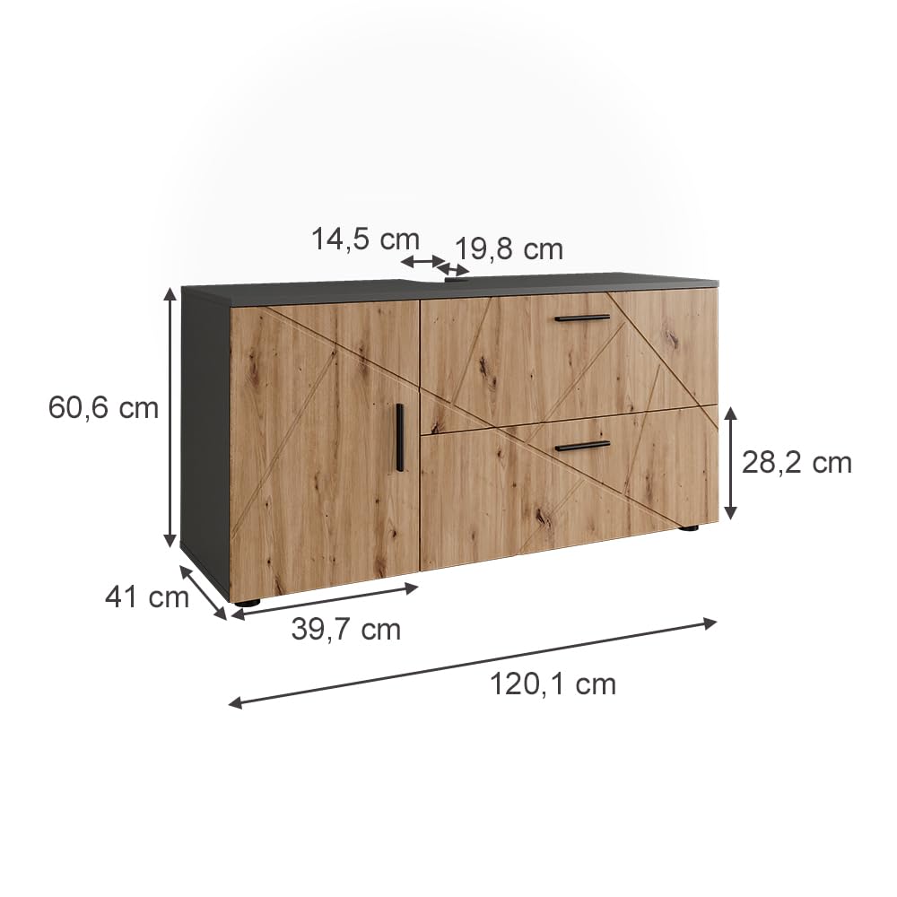 Vicco Waschbeckenunterschrank Irma, Anthrazit/Goldkraft Eiche, 120.1 x 60.6 cm mit 2 Schubladen und 1 Tür, geeignet für handelsübliche Waschtische mit Siphonausschnitt