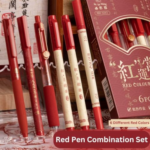 Image of Shuttle Art Red Gel Pen Set of 6,Premium Smooth Writing Pens with Fine & Medium Tips,Aesthetic Kawaii Lucky Red Stationery for School Office Journaling Note Taking Teachers Students Gifts Calligraphy