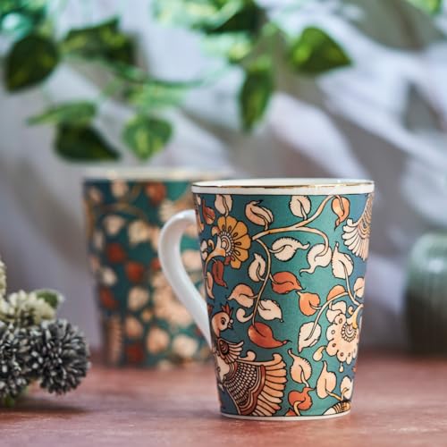 Image of GOLDEN QUEEN'S Mugs Set Of 2 For Coffee, Tea, Milk - Ideal For Your Daily Beverage Ritual, Hosting & Casual Gatherings | 24 K Gold On Rim - Kalamkari Hues In Green, 300 Ml