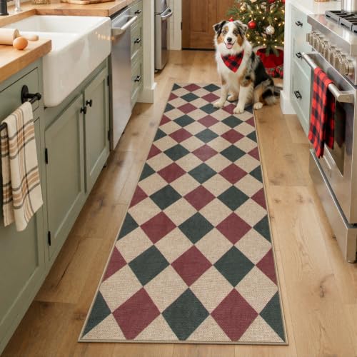 Lahome Christmas Runner Rug, 2x8 Checkered Christmas Decor Non Slip Entryway Runner Rug, Checkerboard Red and Green Indoor Outdoor Xmas Decorations for Hallway 8ft Entry Laundry Room