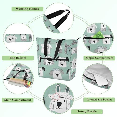 Cute Dog Stick Figure Tote Bag for Book Lovers Reusable Bags with Zipper Pocket for School Work Shopping3