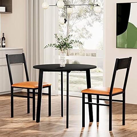 HOMOOI 3 Piece Dining Table Set for 2, Small Round Kitchen Table with 2 Cushioned Chairs, Black Brown Breakfast Dinette Set for Small Space, Apartment Cover