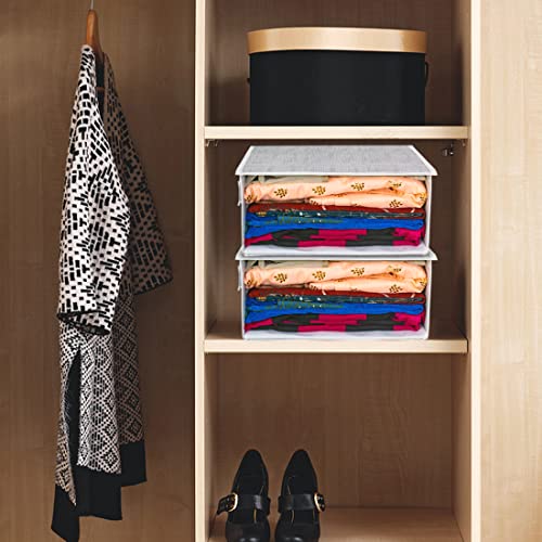 Image of PrettyKrafts Stackable Fabric Saree Storage Organizer for wardrobe, Clear front window with Lid, Stackable organizers, Perfect to organize sarees in a wardrobe, Set of 2, Jute Grey