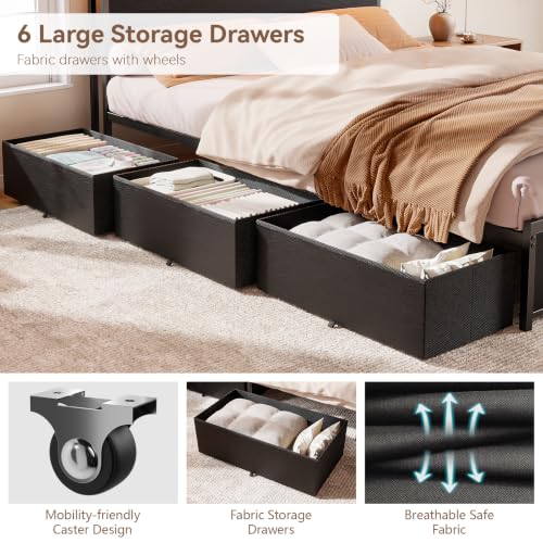 Image of Forestell Queen Bed Frame with 2-Tier Storage Headboard & 6 Drawers