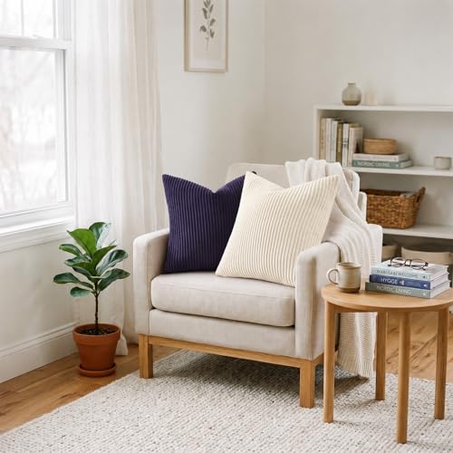 Image of Mecatny Corduroy Decorative Throw Pillow Covers 24x24 Set of 2 for Sofa Living Room, Soft Neutral Boho Couch Pillow Covers for Home Decor, Dusty Purple