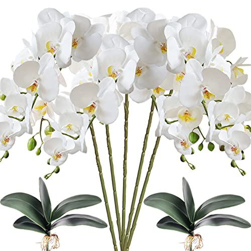 HinyoCo 5 Künstliche Phalaenopsis-Blumen,80 cm Künstliche Orchidee mit Künstliche Orchidee Blätter 2 Bündeln, Party, Büro, Terrasse, Hof, Heim-Blumendekoration (Weiß)