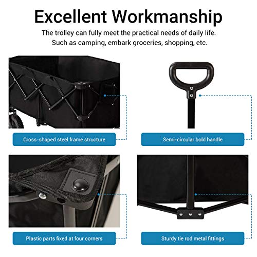 Pacific Pass Camping Folding Wagon Garden Cart with Carry Bag Supports 180lbs, Black - Thumbnail 3