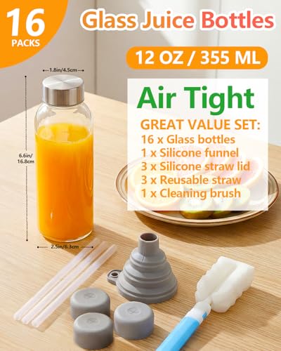 Image of Zukro 12 oz Glass Juice Bottles with Lids & Straw, Airtight & Leak proof, Reusable Clear Small Bottle With Stainless Steel Cap for Juicing, Water, Smoothie & Milk, Dishwasher Safe & BPA Free, 16 Pack