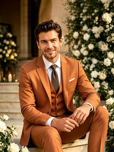 Image of Wangyue Mens Suit 3 Piece Slim Fit Suit for Men Formal Business Suit Wedding Groom Prom Tuxedo Dinner Party