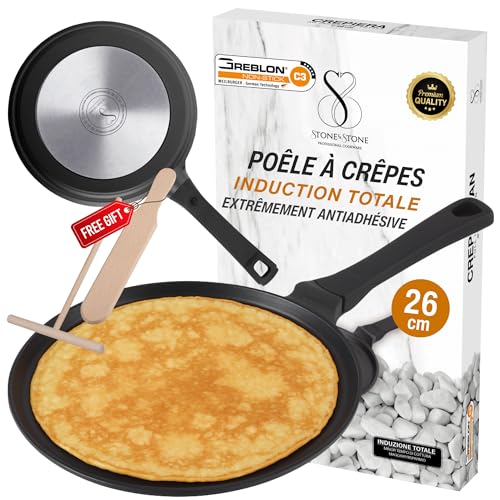 Stone&Stone Poêle À Crêpes 26CM Professionnel adaptée à induction Gas | Super antiadhésive allemand Résistante à la corrosion Anti-rayures en aluminium et acier Poêle à Frire Crêpière saine Sans PFOA