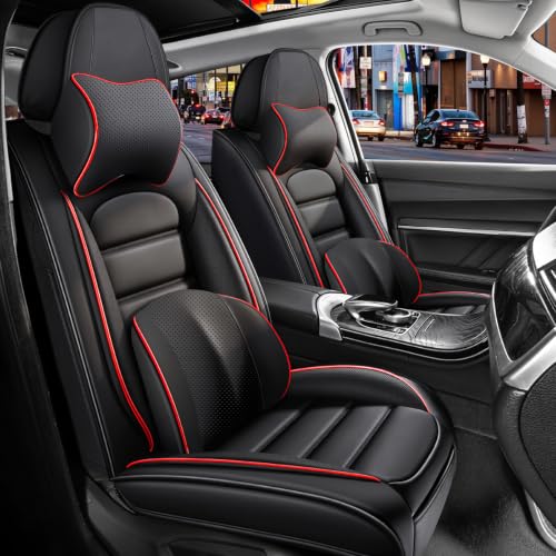 Image of Front Set Car Seat Covers for Jeep Compass 2007-2026, Waterproof Stain-Resistant Seat Cover, Premium Nappa Leather Seat Protectors with Storage Pockets(Luxury 2 Seats /Black&Red)