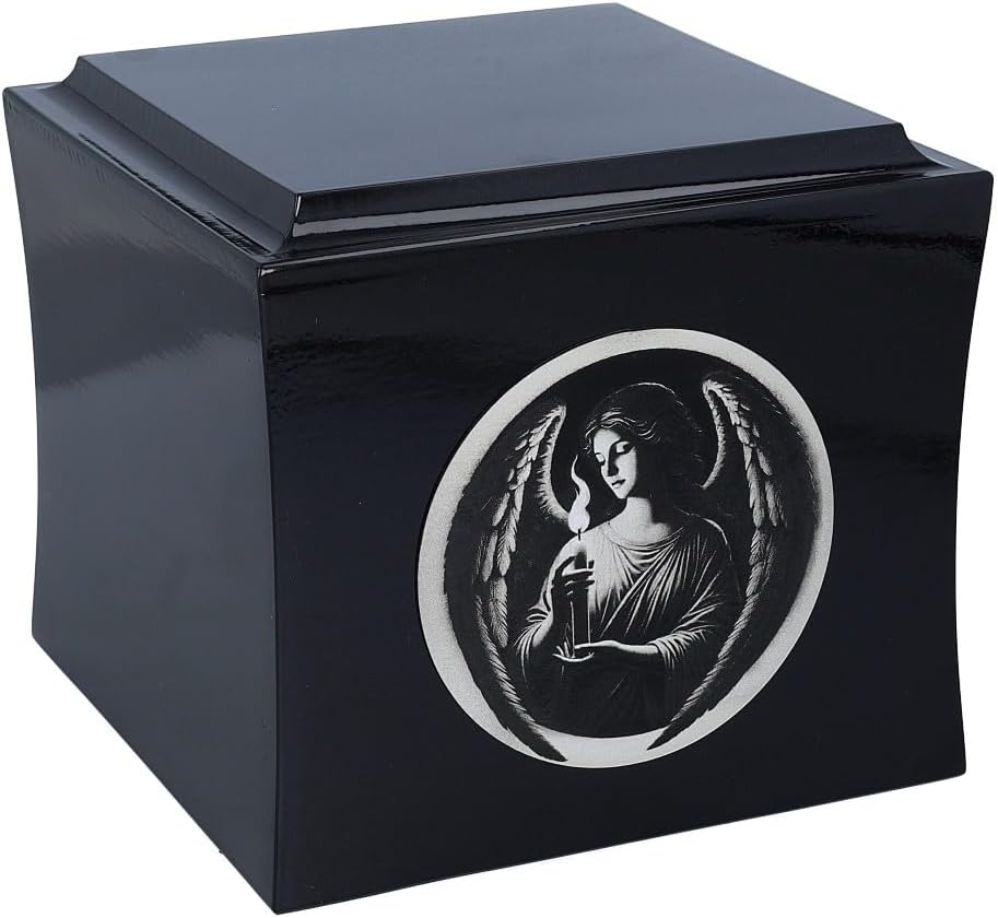 Angel Cremation urn for Ashes Memorial urn with Engraved Angel Personalized Funeral Box Casket (Black / Design1 / Plaque)