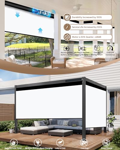 Image of Kincmo Motorized Outdoor Shades for Patio Porch, Custom Outdoor Motorized Blinds with Remote, Waterproof & Windproof Patio Shades Work with Apple Home,Alexa,Google (White-0% Openness)