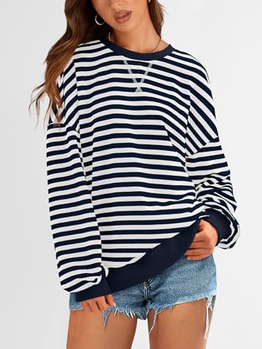 Image of PRETTYGARDEN Womens Striped Oversized Sweatshirt Color Block Crew Neck Long Sleeve Casual Loose Pullover Top Y2K Clothes