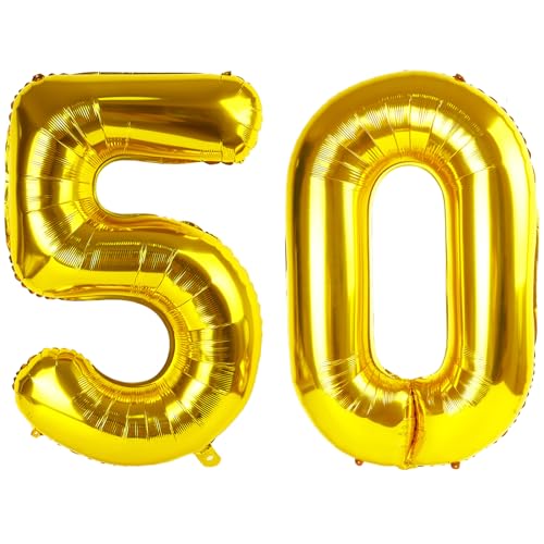 Image of Number Balloons 50 Balloon 40 inch Gold for 50th Birthday Party Decorations | Saturated Color, Large 40 in, With Straw & Hanging Hole, For Graduation Season, Thanksgiving, Anniversary, Christmas