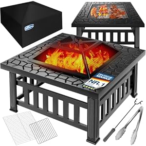KESSER® Feuerstelle mit Grillrost & Grillzange Feuerschale 82x82x50cm, 3in1 Multifunktional Fire Pit für Heizung/BBQ Grill, Garten Terrasse, Metall Feuerkorb mit Schutzhülle Schürhaken Funkenschutz