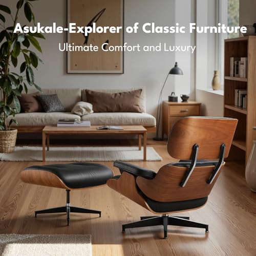 Asukale Echtleder Relaxsessel mit Hocker, Moderner Drehbarer Fernsehsessel, Chaiselongue mit Ottomane, Fester Neigungswinkel von 105°, Massiver Holzrahmen mit Gepolstertem Kissen, (Verbesserte)