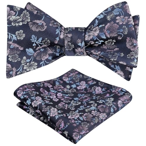 Image of Alizeal Mens 2pcs Floral Bow Tie Set | Self-tied Elegant Pocket Square Set for Wedding