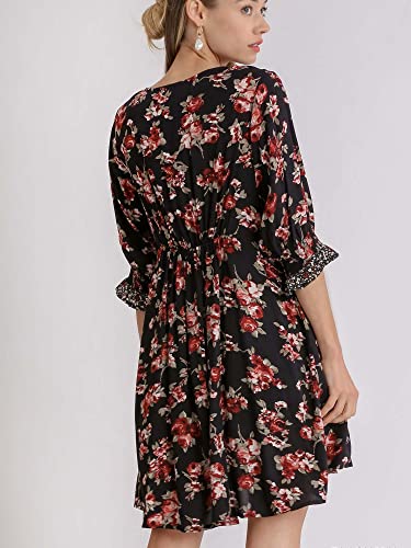 Umgee Mixed Floral Color Block Print V-Neck Babydoll Dress With Pockets (As1, Alpha, 2X, Regular, Regular, Black) #TOP2