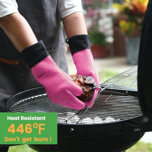 Image of GEEKHOM BBQ Gloves Heat Resistant Oven Mitts - Silicone Grilling Gloves with 13.7 inch Arm Protection - Waterproof Pot Holder Non-Slip for Men & Women, Kitchen Outdoor Cooking, Baking, Camping, Pink