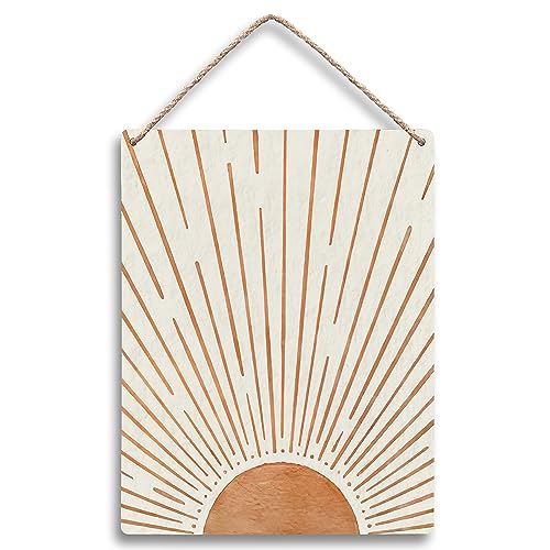 Image of FUGWN Abstract Boho Sun Sunrise Sunshine Wooden Signs 8x10, Boho Wall Hanging, BohoWall Decor, Bohemian Wall Decor, BohoNursery Wall Decor, Sun WallDecor, Sunshine Nursery Decors, Mid Century Decors