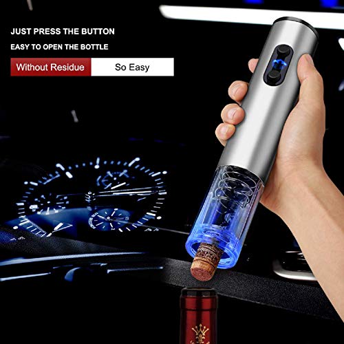 Electronic Wine Opener With Foil Cutter Corkscrew Wine Bottle Opener Stainless Steel Cordless Rechargeable Automatic Red Wine Openers Cork Easy Remover Tool Battery Operated Metallic Finish -Silver #TOP5