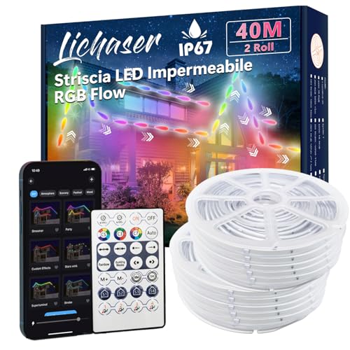 Lichaser 40M IP67 RGB+IC Striscia LED per Esterni Strisce LED Impermeabili Fai da te, Tracciamento e Segmentazione con App BT Etelecomando 2.4G RF per Uso Esterno
