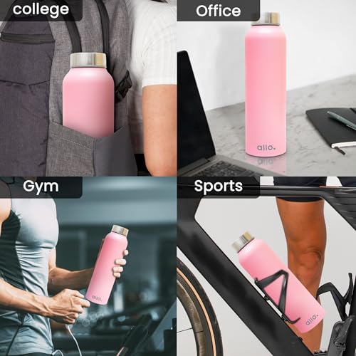 Image of Allo Stainless Steel Water Bottle For Adults, Kids 1 Litre Water Bottles For School, Office, Sports, Gym 1L Water Bottle For Men And Women, Pack Of 2 | Leak Proof & Bpa Free, Pink Steel Cap