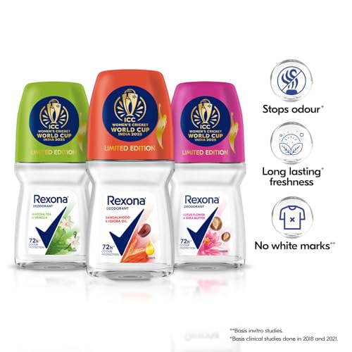 Image of Rexona Lotus Flower & Shea Butter, Matcha Tea & Vanilla and Sandalwood & Jojoba Oil Roll-On| for Women | Limited Edition Pack - ICC Women's Cricket World Cup India 2025 |50 ML (Pack of 3)