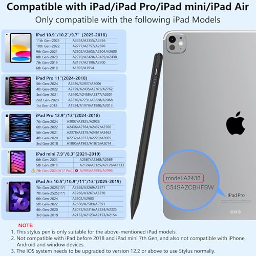 Image of COO Stylus Pen for iPad Pro Air Mini 2018-2025, Palm Rejection Fast Charge | Stylus Pen for iPad 10 /9 /8 /7 /6 Gen, iPad Pro 11 /12.9 inch, Air 7 /6 /5 /4 /3 Gen, Mini 6 /5 Gen, Black