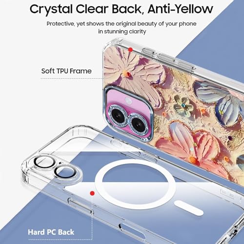 Image of VONZEE Laser Flower Case Compatible with iPhone 16, Colorful Oil Painting Design, Shockproof PC+TPU Hybrid Cover, Full Camera Protection Glossy Cute Protective Case for Women & Girls, Pink