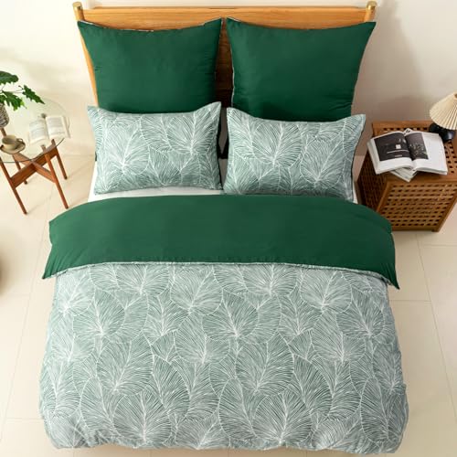 Image of Lekesky Emerald Green Duvet Cover King Size, Reversible King Comforter Cover with Tropical Leaves Pattern, Soft 100% Washed Microfiber 3 Pieces Green Bedding Set with Zipper and 2 Pillowcases