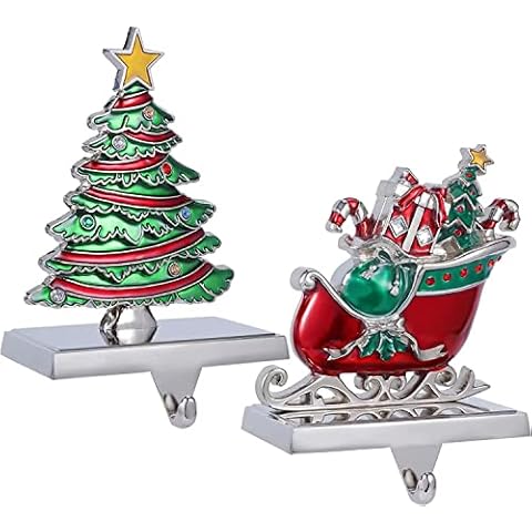 Set of 2 Christmas Stocking Holders for Mantel Christmas Stocking Hangers for Fireplace Christmas Decorations,Christmas Tree and Pine Cone Hook for Stocking and Christmas (Tree and Sleigh) Cover