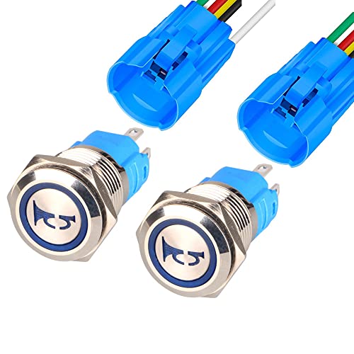 Gebildet 2pcs Edelstahl 12V-24V Momentan Sprecher Hupe Druckknopf Kippschalter 16mm Montageloch 1NO 1NC SPDT mit Vorverkabelung für Auto Motor (Blaue LED)