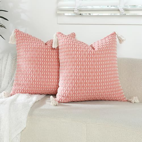 sykting Boho Outdoor Pillow Covers 20x20 Set of 2 Thick Woven Pink Throw Pillow Covers with Tassels for Couch Sofa Living Room