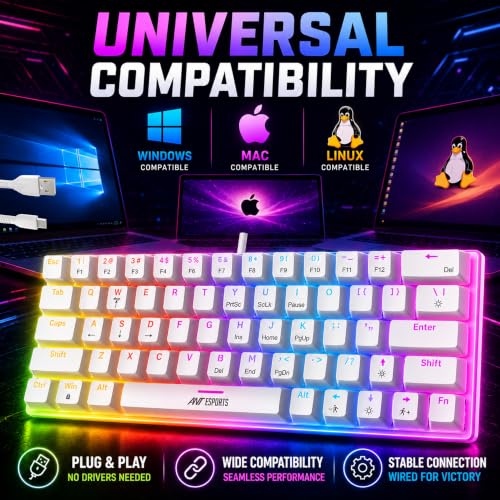Image of Ant Esports MK1200 Mini 60% Wired Mechanical Gaming Keyboard - Red Switch, Rainbow Backlit, 61 Keys, Anti-Ghosting, USB, Compact TKL - Compatible with Windows, macOS, PS5, Xbox, Laptop & PC (White)