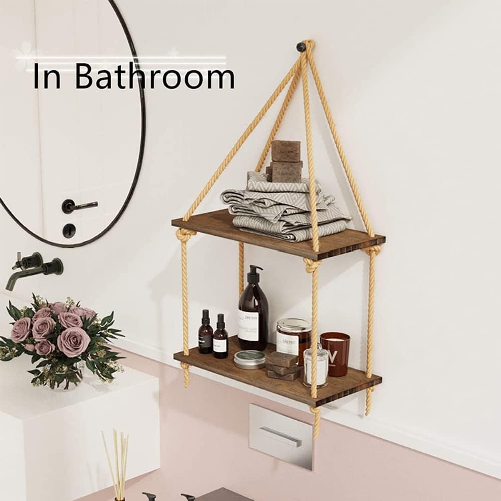 Rope Wood Hanging Shelves, 2 Tier Window Wall Hanging Shelf for Plant Photo Frames Decorations Display Decor for Window Kitchen Bathroom Bedroom