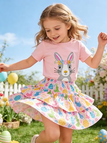 Image of Little Girls Skirt Set - 2 Piece Short Sleeve Top Shirred Tiered Skirt Outfit Girls Spring Summer Clothes 3-8 Years