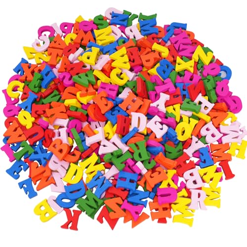 DLUSZERT 400 letras pequeñas de madera de colores para manualidades, letras pequeñas del alfabeto de madera de 15 mm, coloridas para bricolaje, letras de la A a la Z para decoración de exhibiciones