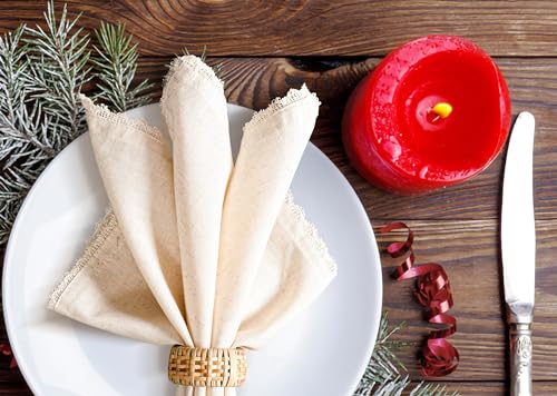 Image of Lightnpro Cloth Dinner Napkins in Cotton Flax Fabric with Lace & Tailored Mitered Corners - 18x18 Inch Set of 12, Wedding, Baby Shower & Cocktail Napkin, Machine Washable Fabric Napkins Natural Color