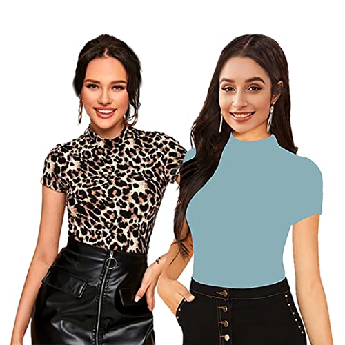 Image of Dream Beauty Fashion Women's Half Sleeve Round High Neck Top Elegant Casual Tee, Pack of 2-23 inch inches (Combo-Tripta Tiger)