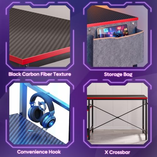 Image of Bestier Gaming Desk with LED Lights, 44 Inch PC Gamer Desk for Small Spaces, Computer Desk with Reversible Storage Shelves & Side Storage Bag (Black 3D Carbon Fiber)