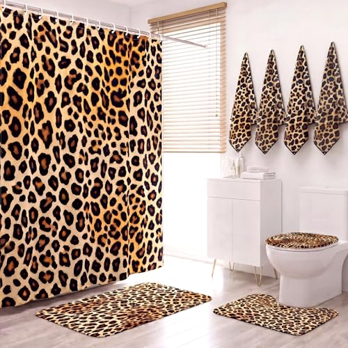 CrystalSylara 8 Pcs Leopard Bathroom Set Cheetah Print Shower Curtain with Hooks Toilet Lid Cover Bath Mat Contour Mat Bath Rug 4 Leopard Towels Brown Animal Print Shower Curtain Bathroom Decor