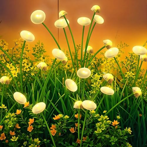SyouHome 2 Pack Solar Garden Lights, 16 LEDs Swaying Mushroom Lights with 8 Lighting Modes, IP65 Waterproof Outdoor Decor for Garden, Yard, Patio, Pathway (Warm White)